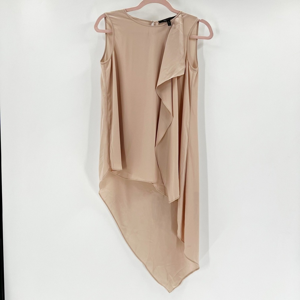 BCBGMAXAZRIA Blouse Womens XXS Nude Excellent Asymmetrical Draped Ruffle Top